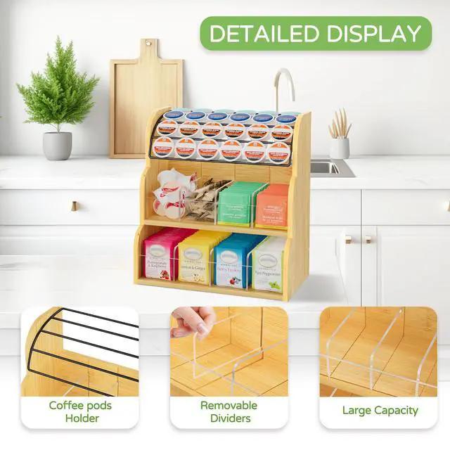 Alt view image 3 of 7 - Bamboo Tea Bag and Coffee Holder Organizer for Cabinet Counter Office, 3 Tier Large Capacity Vertical K Cup and Tea Packet Storage Rack, Sturdy Display Stand, Easy Assemble