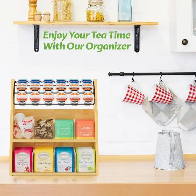 Alt view image 5 of 7 - Bamboo Tea Bag and Coffee Holder Organizer for Cabinet Counter Office, 3 Tier Large Capacity Vertical K Cup and Tea Packet Storage Rack, Sturdy Display Stand, Easy Assemble