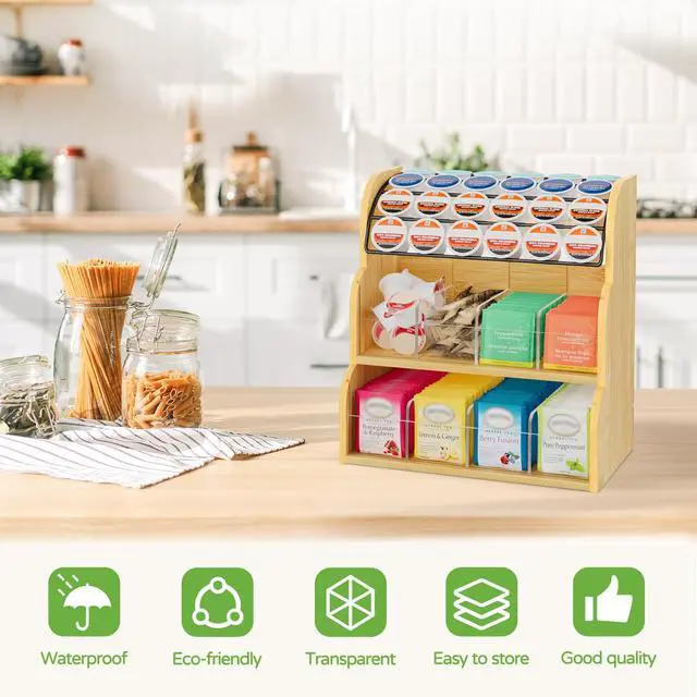 Alt view image 6 of 7 - Bamboo Tea Bag and Coffee Holder Organizer for Cabinet Counter Office, 3 Tier Large Capacity Vertical K Cup and Tea Packet Storage Rack, Sturdy Display Stand, Easy Assemble