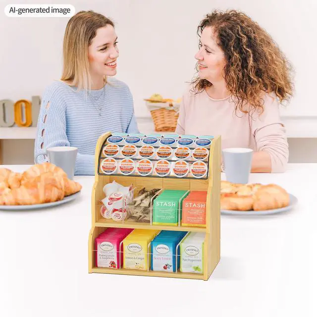 Alt view image 7 of 7 - Bamboo Tea Bag and Coffee Holder Organizer for Cabinet Counter Office, 3 Tier Large Capacity Vertical K Cup and Tea Packet Storage Rack, Sturdy Display Stand, Easy Assemble