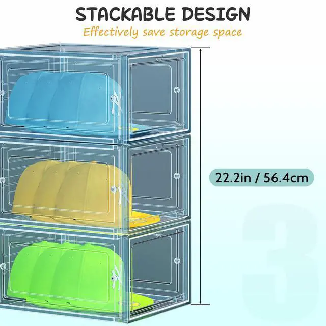 Alt view image 2 of 7 - 6 Pack Hat Organizer Box, Stackable Clear Baseball Caps Holder Box Containers with Magnetic Door for Hats Snapback Cap Storag, Hat Rack Display Case, Holds 8 Hats Each (Blue)