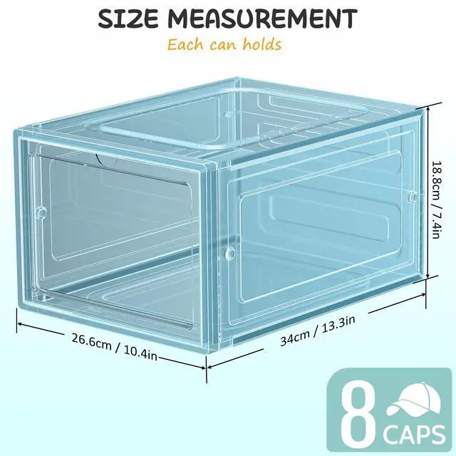 Alt view image 3 of 7 - 6 Pack Hat Organizer Box, Stackable Clear Baseball Caps Holder Box Containers with Magnetic Door for Hats Snapback Cap Storag, Hat Rack Display Case, Holds 8 Hats Each (Blue)