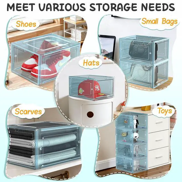 Alt view image 6 of 7 - 6 Pack Hat Organizer Box, Stackable Clear Baseball Caps Holder Box Containers with Magnetic Door for Hats Snapback Cap Storag, Hat Rack Display Case, Holds 8 Hats Each (Blue)