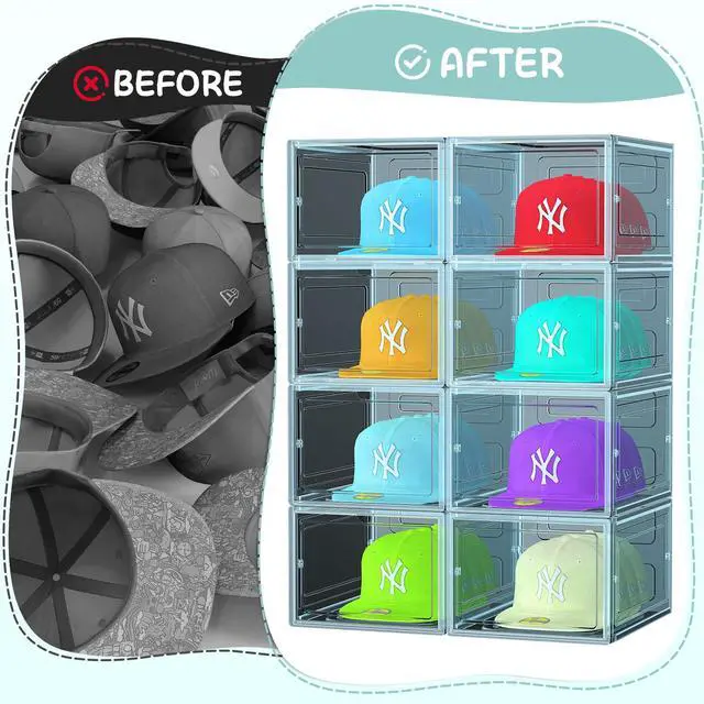 Alt view image 5 of 7 - 6 Pack Hat Organizer Box, Stackable Clear Baseball Caps Holder Box Containers with Magnetic Door for Hats Snapback Cap Storag, Hat Rack Display Case, Holds 8 Hats Each (Blue)