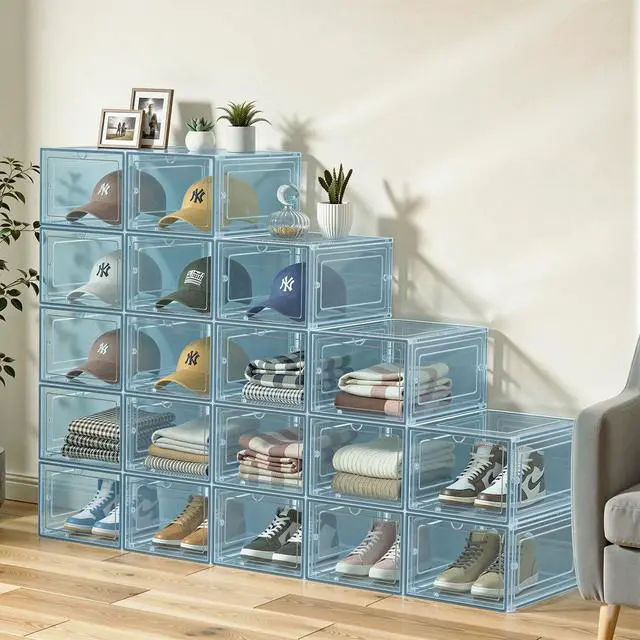 Alt view image 7 of 7 - 6 Pack Hat Organizer Box, Stackable Clear Baseball Caps Holder Box Containers with Magnetic Door for Hats Snapback Cap Storag, Hat Rack Display Case, Holds 8 Hats Each (Blue)