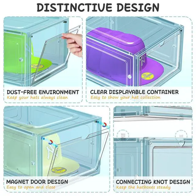 Alt view image 4 of 7 - 6 Pack Hat Organizer Box, Stackable Clear Baseball Caps Holder Box Containers with Magnetic Door for Hats Snapback Cap Storag, Hat Rack Display Case, Holds 8 Hats Each (Blue)