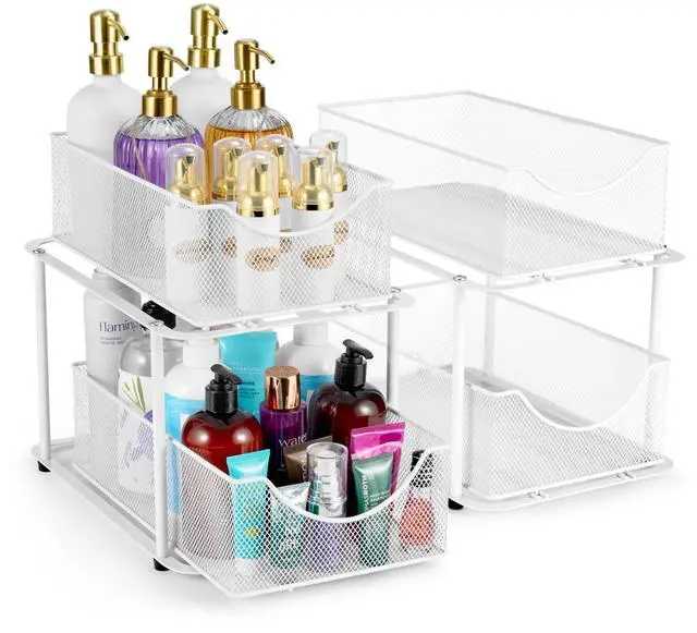 Main image of 2 Sets of 2 Tier Metal Under Sink Organizer for Bathroom, Kitchen, Strong Steel Mesh Sliding Drawers for Under Sink, Under Cabinet, Closet, Kitchen, Pantry, Bathroom Organizers and Storage