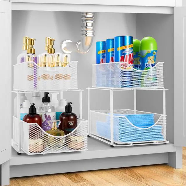 Alt view image 2 of 7 - 2 Sets of 2 Tier Metal Under Sink Organizer for Bathroom, Kitchen, Strong Steel Mesh Sliding Drawers for Under Sink, Under Cabinet, Closet, Kitchen, Pantry, Bathroom Organizers and Storage