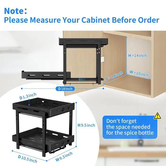 Alt view image 3 of 7 - Pull Out Spice Racks for Inside Cabinets, 2-Tier Cabinet Spice Rack, Height Adjustable Spice Rack Organizer for Cabinet, Kitchen Vertical Spice Rack (9.7''Wx10.8''Dx9.2''H, Metal Black)