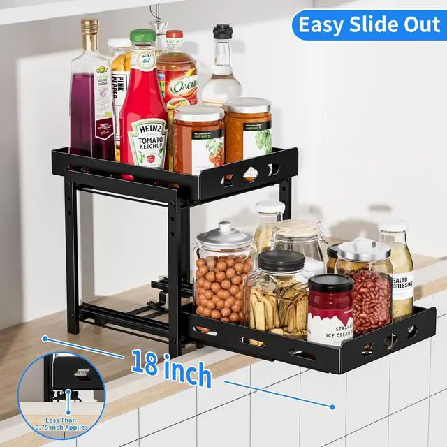Alt view image 4 of 7 - Pull Out Spice Racks for Inside Cabinets, 2-Tier Cabinet Spice Rack, Height Adjustable Spice Rack Organizer for Cabinet, Kitchen Vertical Spice Rack (9.7''Wx10.8''Dx9.2''H, Metal Black)