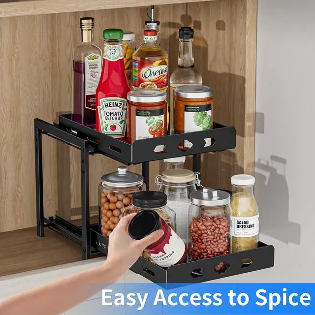 Alt view image 2 of 7 - Pull Out Spice Racks for Inside Cabinets, 2-Tier Cabinet Spice Rack, Height Adjustable Spice Rack Organizer for Cabinet, Kitchen Vertical Spice Rack (9.7''Wx10.8''Dx9.2''H, Metal Black)