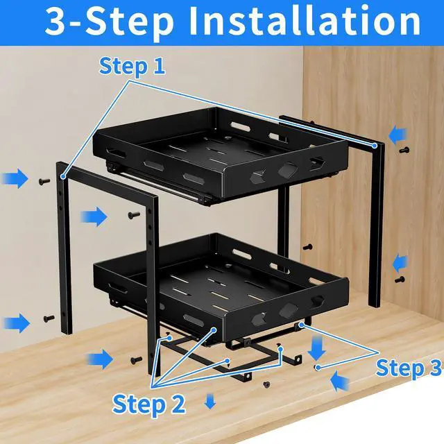 Alt view image 5 of 7 - Pull Out Spice Racks for Inside Cabinets, 2-Tier Cabinet Spice Rack, Height Adjustable Spice Rack Organizer for Cabinet, Kitchen Vertical Spice Rack (9.7''Wx10.8''Dx9.2''H, Metal Black)