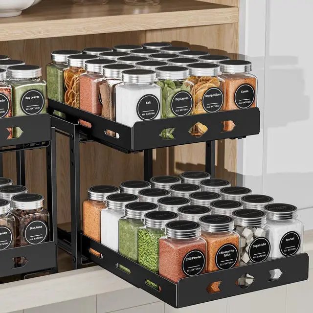 Main image of Pull Out Spice Racks for Inside Cabinets, 2-Tier Cabinet Spice Rack, Height Adjustable Spice Rack Organizer for Cabinet, Kitchen Vertical Spice Rack (9.7''Wx10.8''Dx9.2''H, Metal Black)