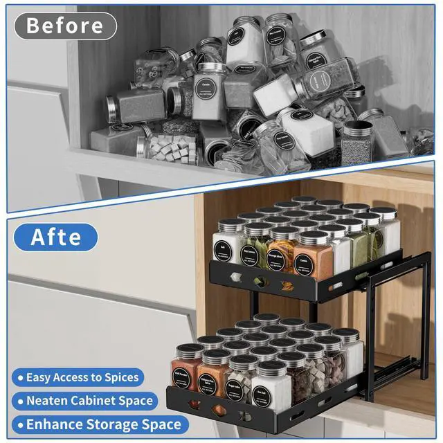 Alt view image 7 of 7 - Pull Out Spice Racks for Inside Cabinets, 2-Tier Cabinet Spice Rack, Height Adjustable Spice Rack Organizer for Cabinet, Kitchen Vertical Spice Rack (9.7''Wx10.8''Dx9.2''H, Metal Black)