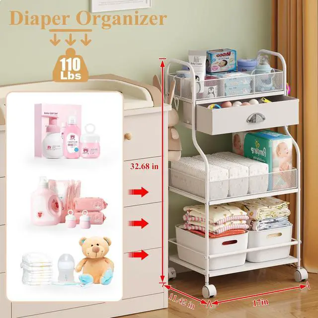 Alt view image 2 of 7 - Baby Diaper Caddy Cart Organizer -3 Tier, Bedside Nursery Essentials Organizer & Storage Holder for Newborn Baby Stuff, 2+1 Dividers, 1 Drawer,Rolling Utility Cart for Bedroom,Changing Table, Crib.