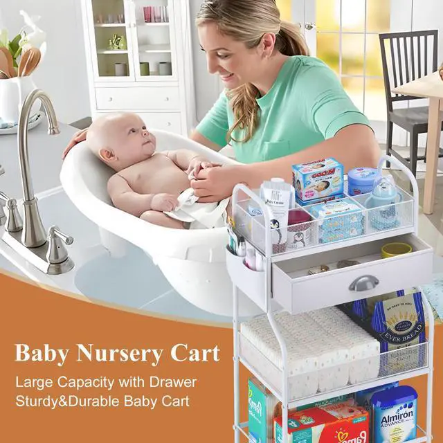 Alt view image 4 of 7 - Baby Diaper Caddy Cart Organizer -3 Tier, Bedside Nursery Essentials Organizer & Storage Holder for Newborn Baby Stuff, 2+1 Dividers, 1 Drawer,Rolling Utility Cart for Bedroom,Changing Table, Crib.