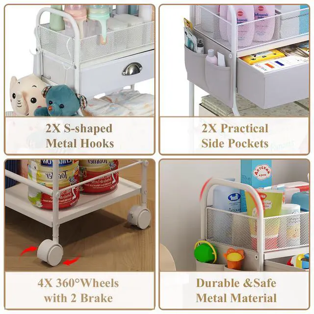 Alt view image 7 of 7 - Baby Diaper Caddy Cart Organizer -3 Tier, Bedside Nursery Essentials Organizer & Storage Holder for Newborn Baby Stuff, 2+1 Dividers, 1 Drawer,Rolling Utility Cart for Bedroom,Changing Table, Crib.