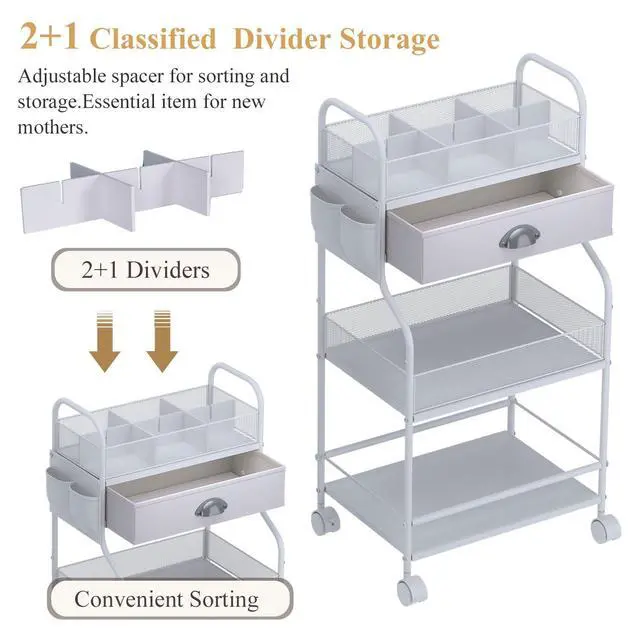Alt view image 3 of 7 - Baby Diaper Caddy Cart Organizer -3 Tier, Bedside Nursery Essentials Organizer & Storage Holder for Newborn Baby Stuff, 2+1 Dividers, 1 Drawer,Rolling Utility Cart for Bedroom,Changing Table, Crib.