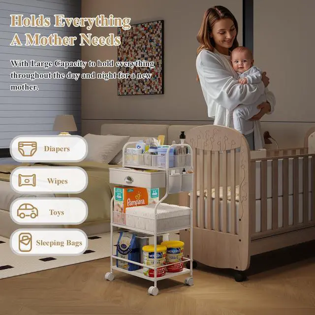 Alt view image 6 of 7 - Baby Diaper Caddy Cart Organizer -3 Tier, Bedside Nursery Essentials Organizer & Storage Holder for Newborn Baby Stuff, 2+1 Dividers, 1 Drawer,Rolling Utility Cart for Bedroom,Changing Table, Crib.