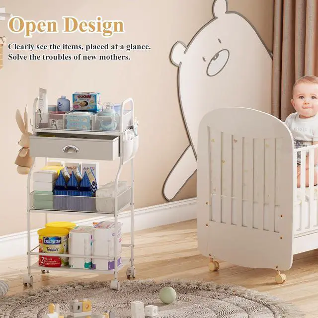 Alt view image 5 of 7 - Baby Diaper Caddy Cart Organizer -3 Tier, Bedside Nursery Essentials Organizer & Storage Holder for Newborn Baby Stuff, 2+1 Dividers, 1 Drawer,Rolling Utility Cart for Bedroom,Changing Table, Crib.
