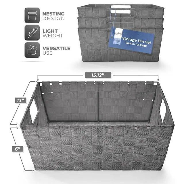 Alt view image 2 of 7 - Set of 3 Large Storage Baskets for Organizing, Mesh Hand-Woven Design, Linen Closet Organizers and Storage, Organizer Storage Baskets for Shelves, Organizers and Storage ( Gray)