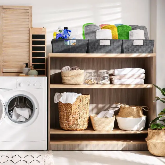 Alt view image 3 of 7 - Set of 3 Large Storage Baskets for Organizing, Mesh Hand-Woven Design, Linen Closet Organizers and Storage, Organizer Storage Baskets for Shelves, Organizers and Storage ( Gray)