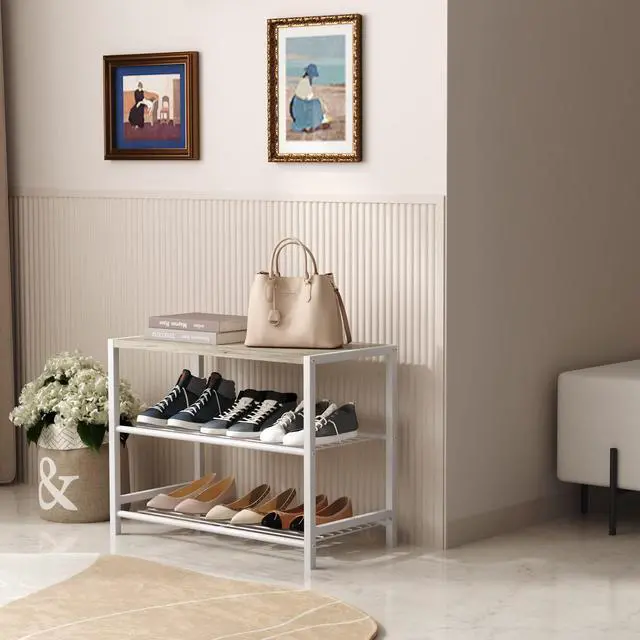 Alt view image 3 of 7 - 3-Tier Shoe Rack, Shoe Storage Shelf, Industrial Shoe Tower, Narrow Shoe Organizer for Closet Entryway, Small Shoe Rack Table with Durable Metal Shelves, White Oak