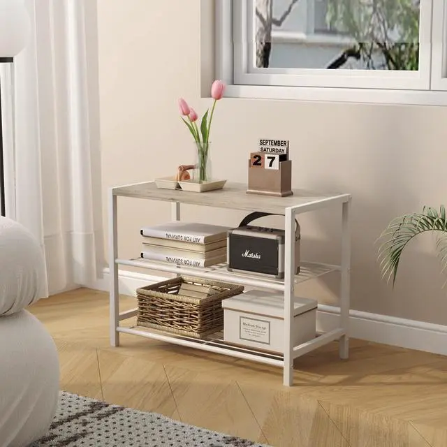 Alt view image 4 of 7 - 3-Tier Shoe Rack, Shoe Storage Shelf, Industrial Shoe Tower, Narrow Shoe Organizer for Closet Entryway, Small Shoe Rack Table with Durable Metal Shelves, White Oak
