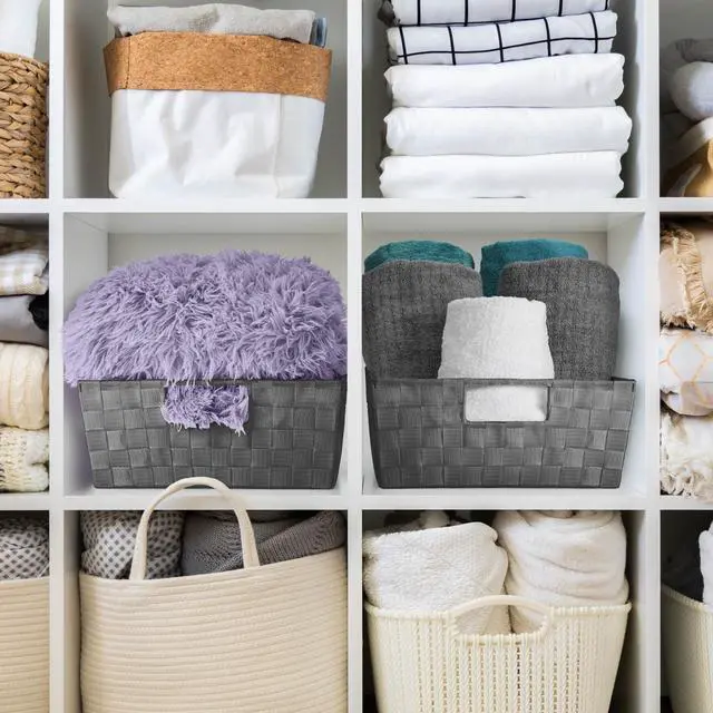 Alt view image 7 of 7 - Set of 3 Large Storage Baskets for Organizing, Mesh Hand-Woven Design, Linen Closet Organizers and Storage, Organizer Storage Baskets for Shelves, Organizers and Storage ( Gray)
