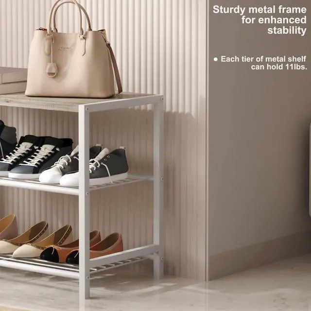 Alt view image 6 of 7 - 3-Tier Shoe Rack, Shoe Storage Shelf, Industrial Shoe Tower, Narrow Shoe Organizer for Closet Entryway, Small Shoe Rack Table with Durable Metal Shelves, White Oak