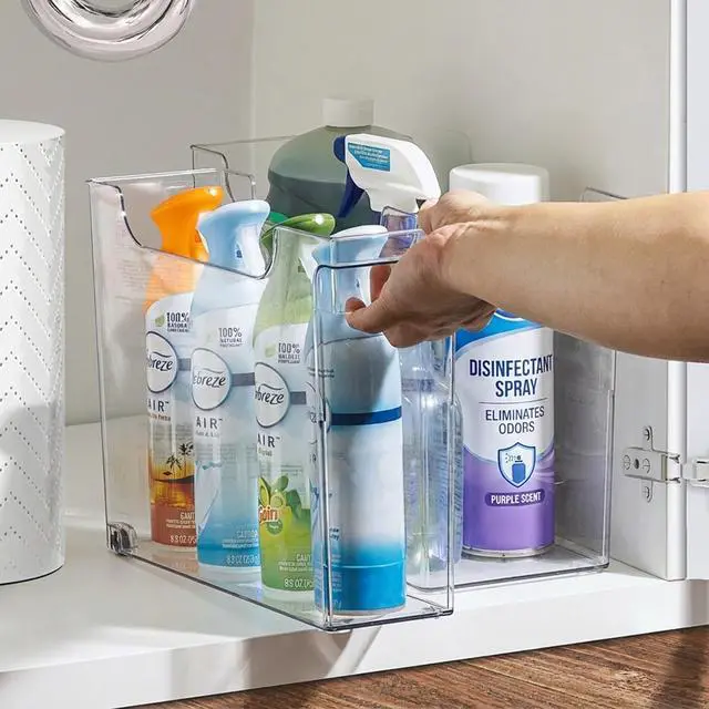 Alt view image 3 of 7 - Roll Out Bottle Organization Bins - 2 Sizes Pantry Under Sink Organizer with Wheels & Handles - Clear Plastic Organizing Containers for Cleaning Supplies - Kitchen Cabinet Laundry Room Storage
