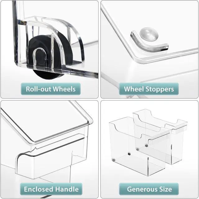 Alt view image 6 of 7 - Roll Out Bottle Organization Bins - 2 Sizes Pantry Under Sink Organizer with Wheels & Handles - Clear Plastic Organizing Containers for Cleaning Supplies - Kitchen Cabinet Laundry Room Storage