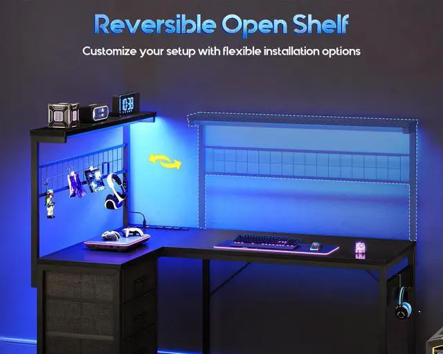 Alt view image 2 of 7 - 43 L Shaped Gaming Desk for Small Rooms, Compact Corner Computer Table with Shelf & Hutch, 4 Drawers, Reversible Study Desk with LED Light, Power Outlets & USB Ports, Home Office Table, Black