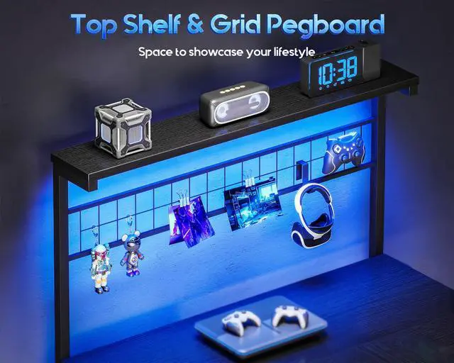 Alt view image 3 of 7 - 43 L Shaped Gaming Desk for Small Rooms, Compact Corner Computer Table with Shelf & Hutch, 4 Drawers, Reversible Study Desk with LED Light, Power Outlets & USB Ports, Home Office Table, Black
