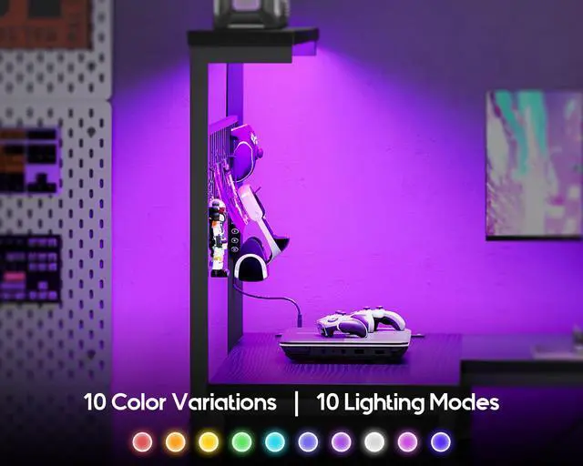Alt view image 5 of 7 - 43 L Shaped Gaming Desk for Small Rooms, Compact Corner Computer Table with Shelf & Hutch, 4 Drawers, Reversible Study Desk with LED Light, Power Outlets & USB Ports, Home Office Table, Black