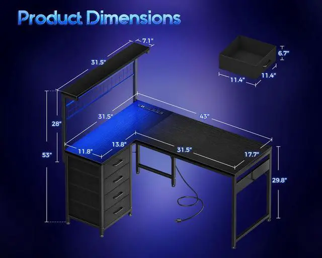 Alt view image 6 of 7 - 43 L Shaped Gaming Desk for Small Rooms, Compact Corner Computer Table with Shelf & Hutch, 4 Drawers, Reversible Study Desk with LED Light, Power Outlets & USB Ports, Home Office Table, Black