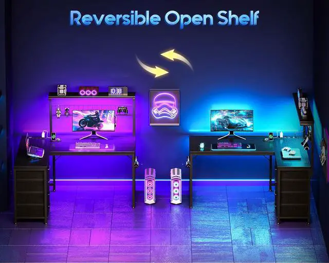 Alt view image 7 of 7 - 43 L Shaped Gaming Desk for Small Rooms, Compact Corner Computer Table with Shelf & Hutch, 4 Drawers, Reversible Study Desk with LED Light, Power Outlets & USB Ports, Home Office Table, Black