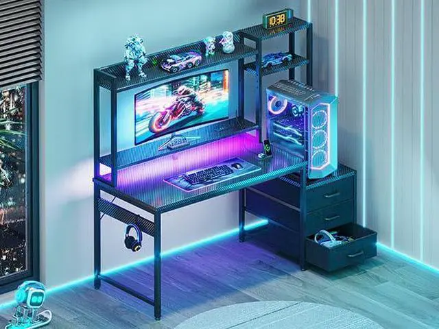 Alt view image 2 of 7 - 48 Inch Gaming Desk with Hutch & 3 Fabric Drawers, Computer Desk with USB Ports & LED Lights, Reversible Pc Gamer Table with Monitor Stand for Home Office, Carbon Fiber Black