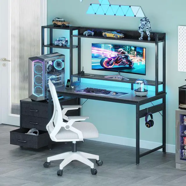 Alt view image 3 of 7 - 48 Inch Gaming Desk with Hutch & 3 Fabric Drawers, Computer Desk with USB Ports & LED Lights, Reversible Pc Gamer Table with Monitor Stand for Home Office, Carbon Fiber Black