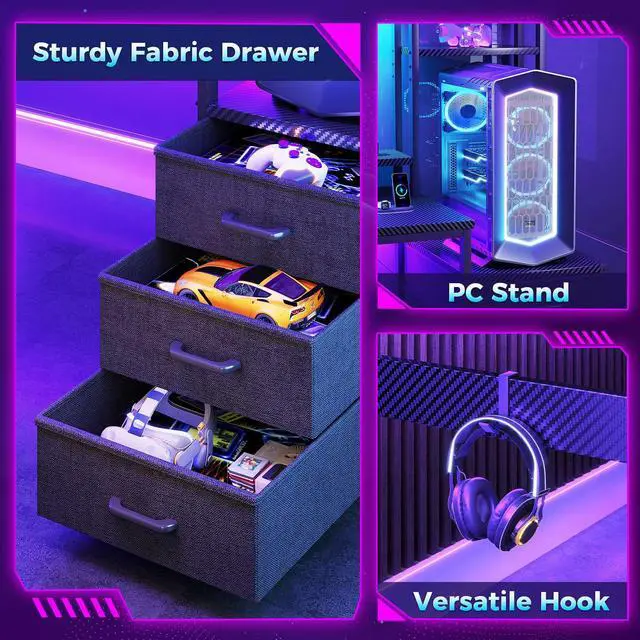 Alt view image 6 of 7 - 48 Inch Gaming Desk with Hutch & 3 Fabric Drawers, Computer Desk with USB Ports & LED Lights, Reversible Pc Gamer Table with Monitor Stand for Home Office, Carbon Fiber Black