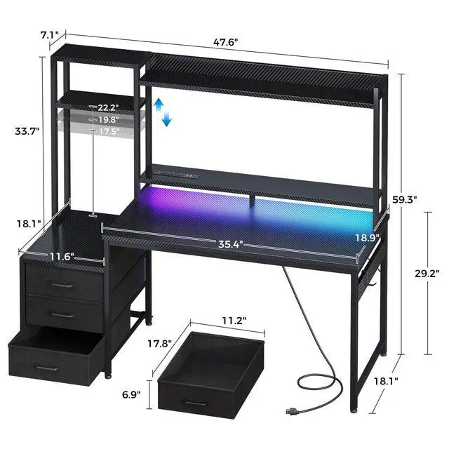 Alt view image 7 of 7 - 48 Inch Gaming Desk with Hutch & 3 Fabric Drawers, Computer Desk with USB Ports & LED Lights, Reversible Pc Gamer Table with Monitor Stand for Home Office, Carbon Fiber Black