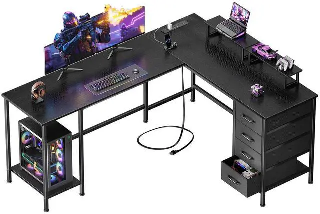 Main image of 59 inch L Shaped Computer Desk with Power Outlets, Home Office Desk with 4 Adjustable Storage Drawers & 2 Monitor Stands, Two Person Gaming Table for Bedroom, Black