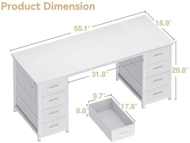 Alt view image 3 of 7 - 55 Inches Computer Desk with 8 Fabric Drawers, Modern Office Desk with Large Storage for Home Office, Study, White