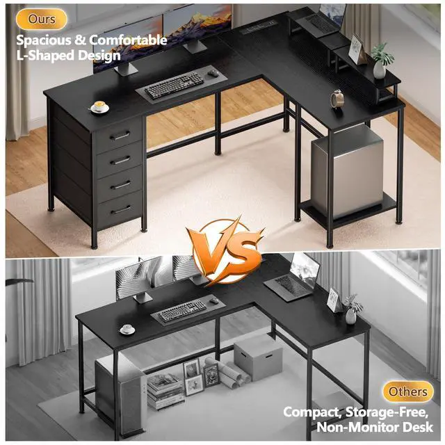 Alt view image 4 of 7 - 59 inch L Shaped Computer Desk with Power Outlets, Home Office Desk with 4 Adjustable Storage Drawers & 2 Monitor Stands, Two Person Gaming Table for Bedroom, Black