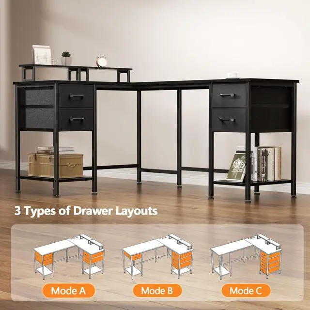 Alt view image 5 of 7 - 59 inch L Shaped Computer Desk with Power Outlets, Home Office Desk with 4 Adjustable Storage Drawers & 2 Monitor Stands, Two Person Gaming Table for Bedroom, Black