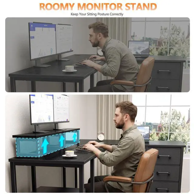 Alt view image 6 of 7 - 59 inch L Shaped Computer Desk with Power Outlets, Home Office Desk with 4 Adjustable Storage Drawers & 2 Monitor Stands, Two Person Gaming Table for Bedroom, Black