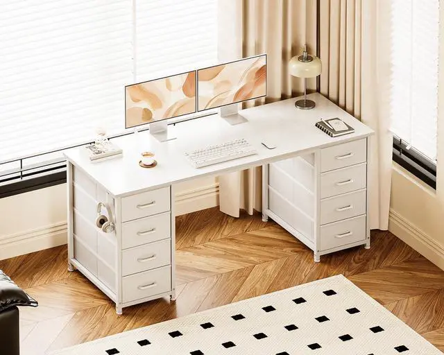 Alt view image 2 of 7 - 55 Inches Computer Desk with 8 Fabric Drawers, Modern Office Desk with Large Storage for Home Office, Study, White