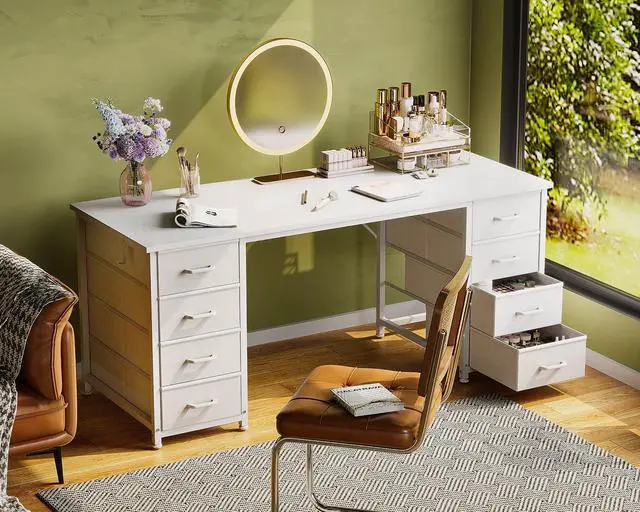 Alt view image 7 of 7 - 55 Inches Computer Desk with 8 Fabric Drawers, Modern Office Desk with Large Storage for Home Office, Study, White