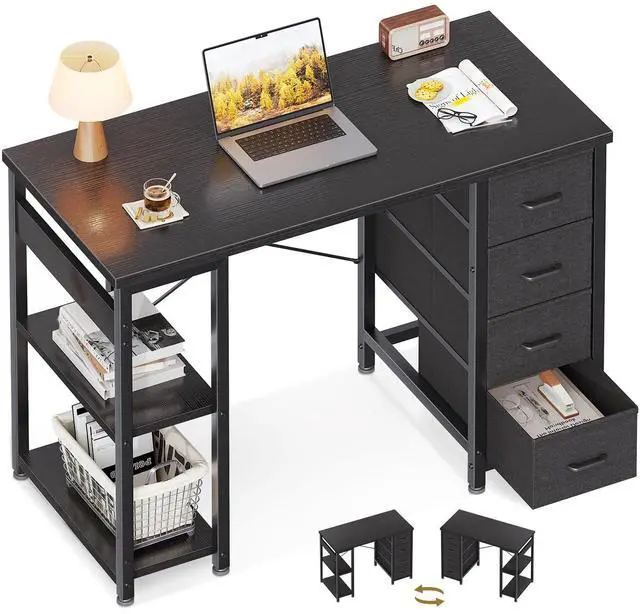 Main image of 40 Inch Small Computer Desk with 4 Fabric Drawers, Modern Writing PC Desk for Small Spaces, Study & Home Office Desk with Storage Shelves, Black
