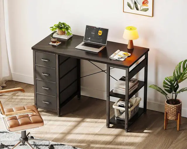 Alt view image 2 of 6 - 40 Inch Small Computer Desk with 4 Fabric Drawers, Modern Writing PC Desk for Small Spaces, Study & Home Office Desk with Storage Shelves, Black